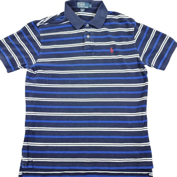 Polo Ralph Lauren Men's Size Large White Navy Blue Striped Button‎ Short Sleeve - Picture 1 of 6